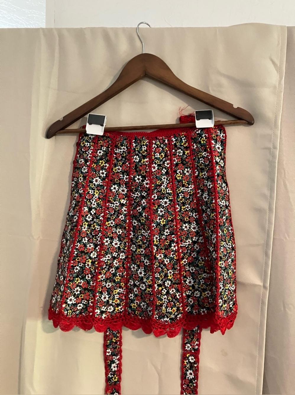 German Suede Red Floral Crochet-Trim FolkMini Skirt with straps and gold buttons